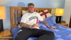 Young Blond, Defined & Tattood Lad Dildos his Tight Hole & his Uncut Cock is Rock Hard & Cums!